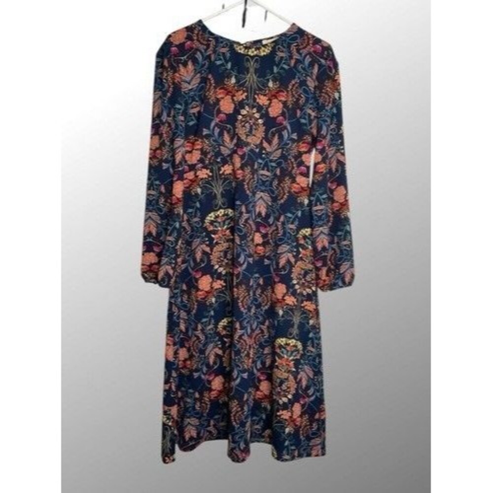 I.Madeline Navy Blue Garden Splendor‎ Print Midi Dress Women Size Medium